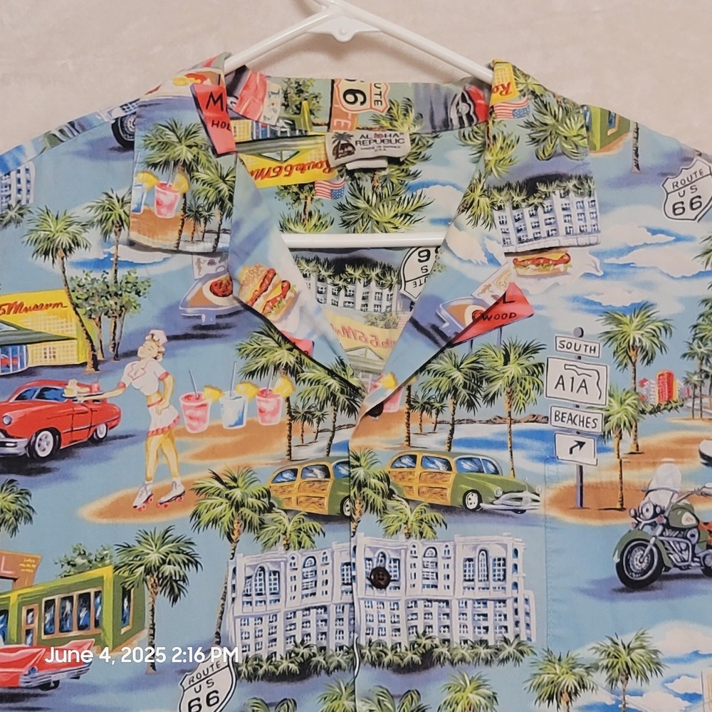 Aloha Republic Men's Hawaiian Shirt 2XL Route 66 Tropical Classic Cars